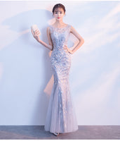 Long mermaid prom dress silver gray