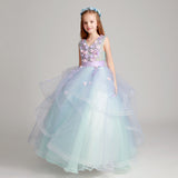 long sky blue junior girl embroidery prom dress