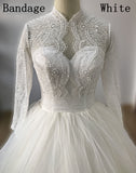 Long Sleeve Wedding Dress Pearl Lace Beige White