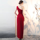 Long burgundy fitting slit one shoulder prom dress evening dress
