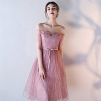 Short pink tulle bridesmaid dress mid sleeve