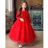 Long sleeve long red lace tulle girl gown