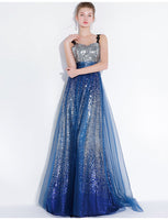 long blue sequin prom dress