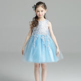 Short blue flower girl dress lace tulle girl gown