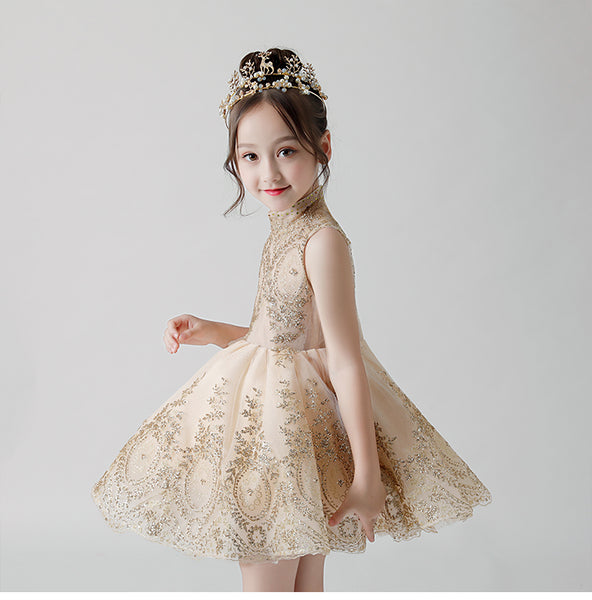 Short sequin golden junior girl performance dress