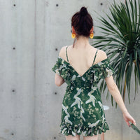 Short green floral backless holiday dress
