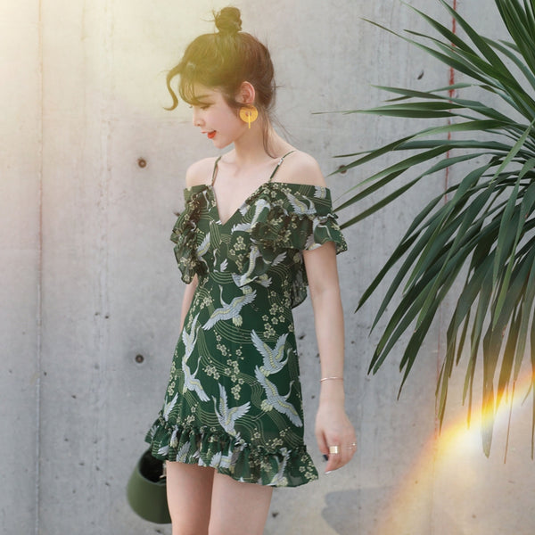 Short green floral beach dress off the shoulder holiday dress