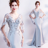 embroidery silver gray prom dress