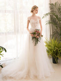 Short sleeve simple embroidery long wedding dress